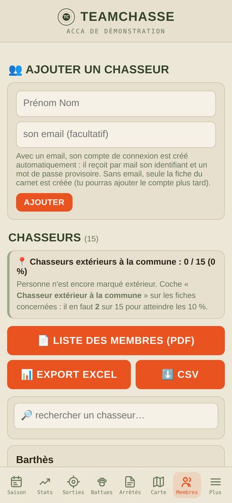 L'écran des adhérents — TeamChasse