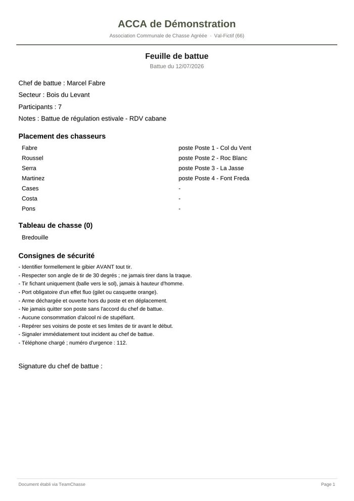 La feuille de battue — document produit par TeamChasse