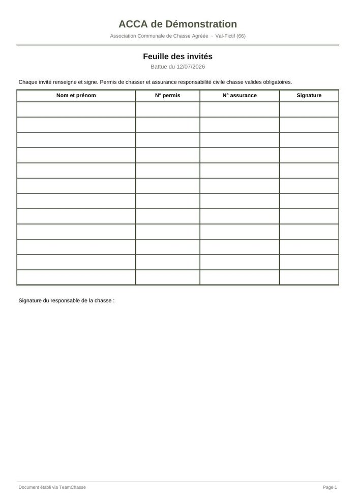 L'émargement des invités — document produit par TeamChasse
