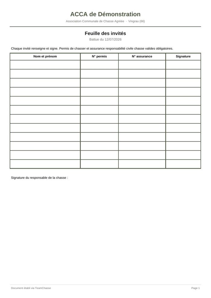 L'émargement des invités — document produit par TeamChasse